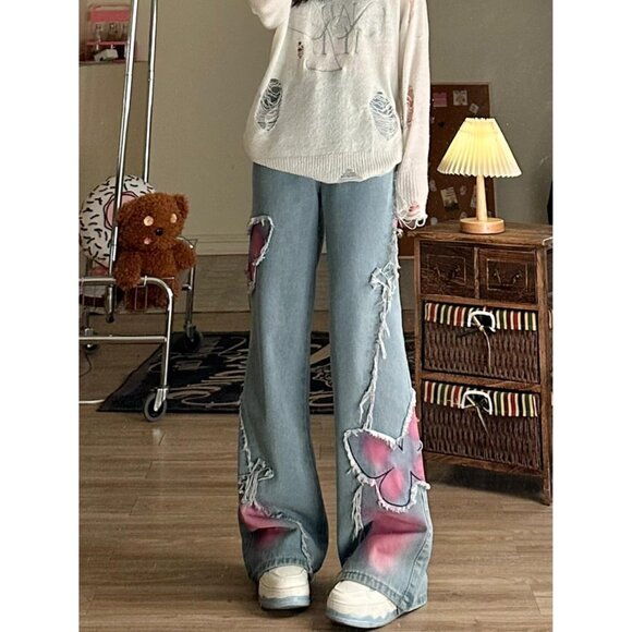 Emo Pants Women's Cotton Y2K Butterfly Tye Die Baggy Cargo Goth Jeans - Picture 5 of 5